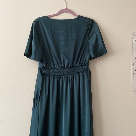 Satin Tie Waist Maxi Dress with Side Slit | Deep Teal - Picture 7 of 7